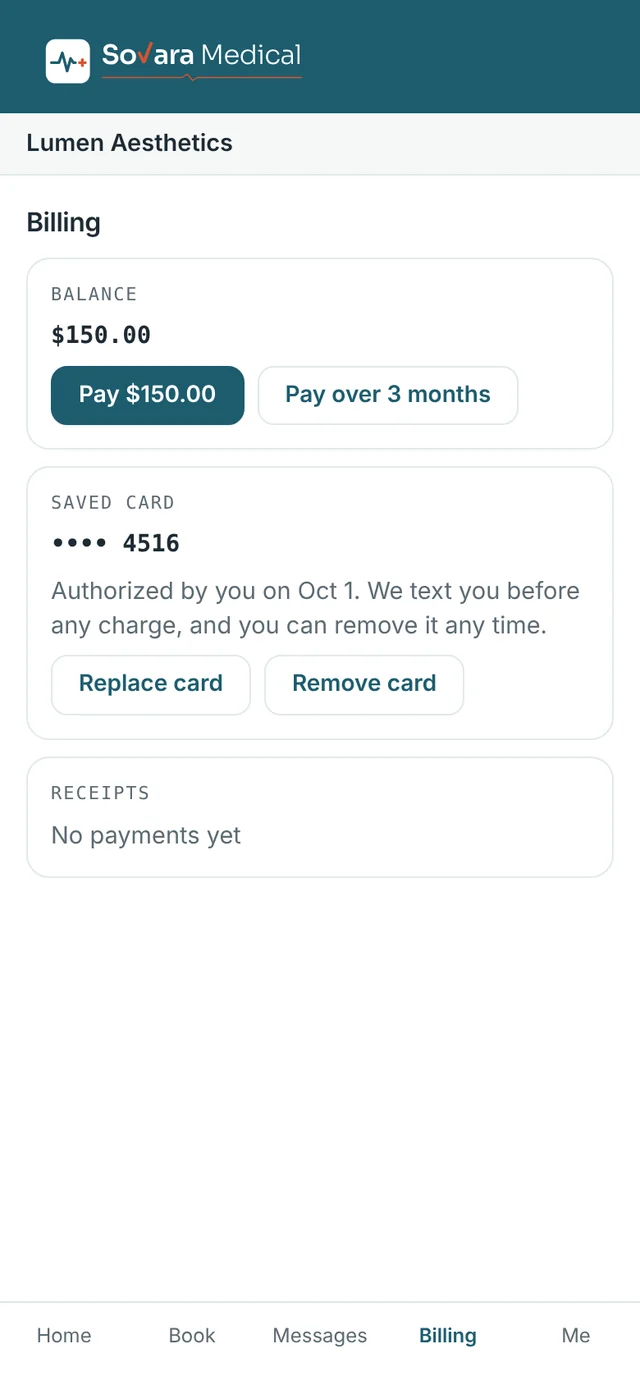 Patient app billing: balance with pay now or pay over three months, and the saved card authorization.